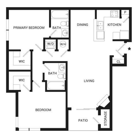 Floor plan for 2 beds, 2 baths, 1107 sqft